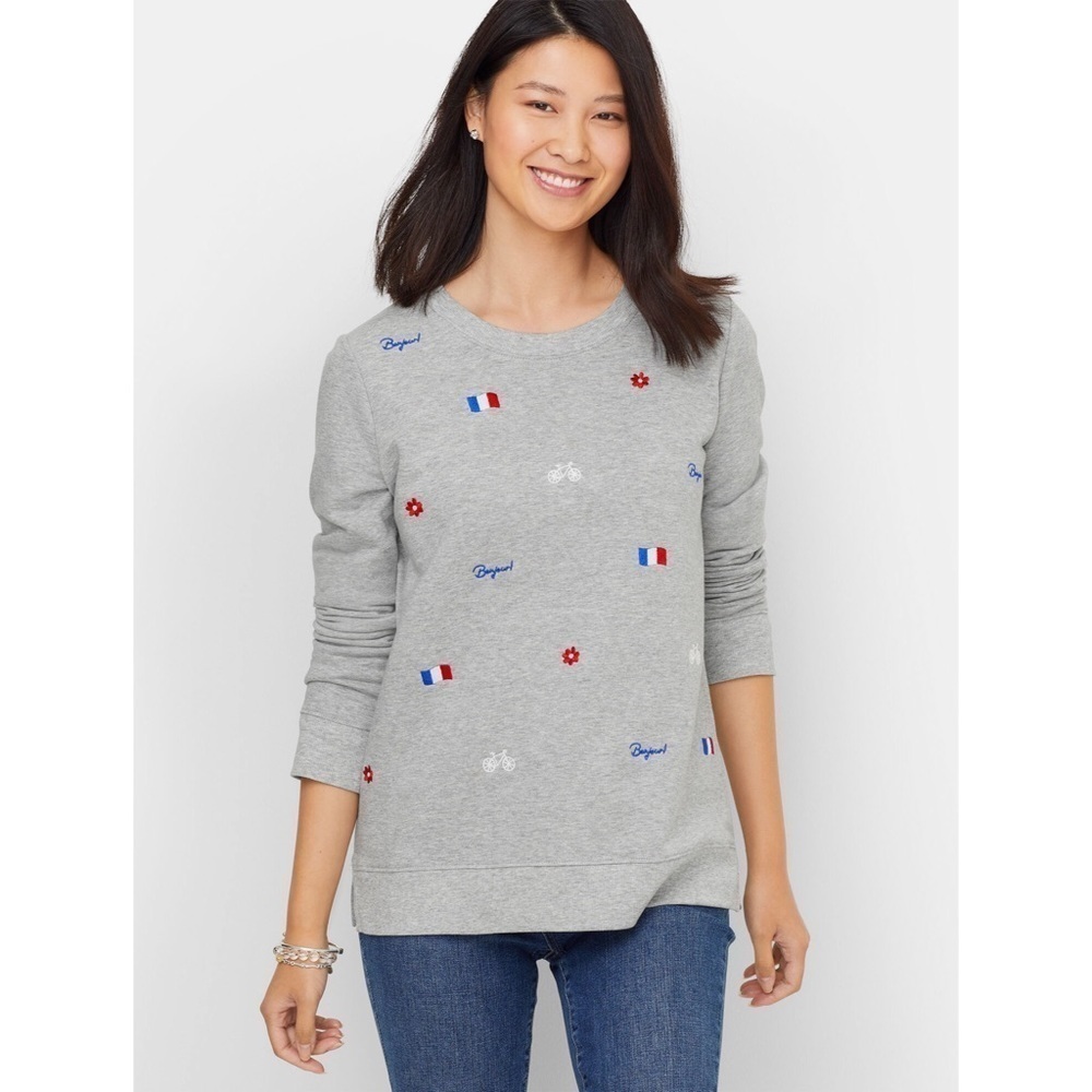 Talbots Embroidered Cotton Modal Pullover Sweatshirt - French Icons, Size Medium